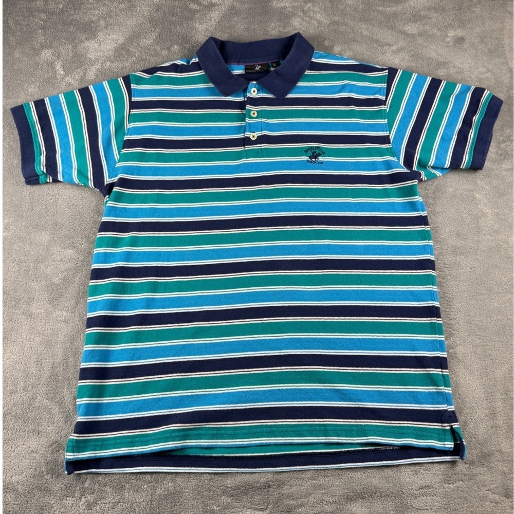 Beverly Hills Polo Club Men's Striped Polo Shirt Size L Navy Blue‎ Green White